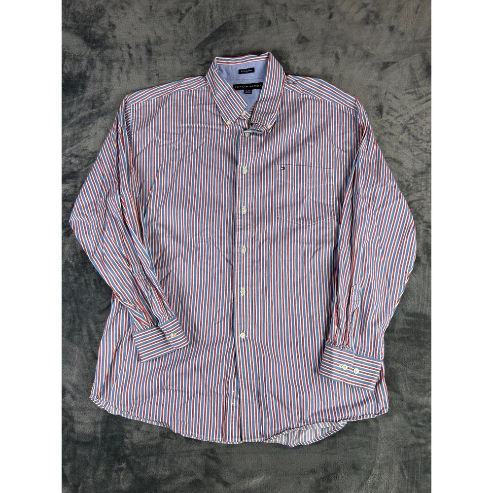 Vintage Tommy Hilfiger XL Button Down Red White Blue Striped Long Sleeve Oxford